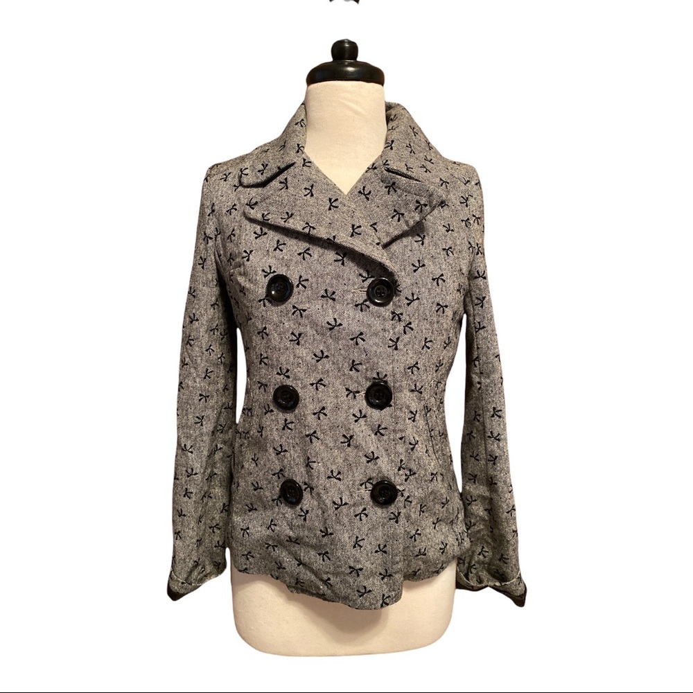 Needle & Thread Gray Blazer Womens Sz M Cropped Suit Jacket Bows Double Breasted